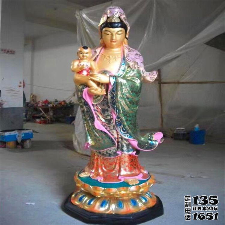 景点寺庙玻璃钢彩绘送子观音雕塑 景点寺庙玻璃钢彩绘送子观音雕塑